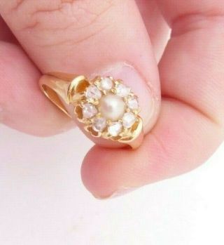 18ct Gold Rose Cut Diamond & Natural Pearl Victorian Cluster Ring,  1876 Ad,  375