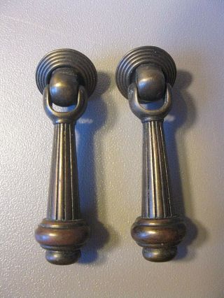 (2) Vintage Brass Finish Drawer Pulls / Handles - - Dropper Pulls - - W/ Screws