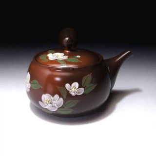 CG1: Vintage Japanese Pottery Sencha Tea pot,  Tokoname ware,  ​Camellia flower 2