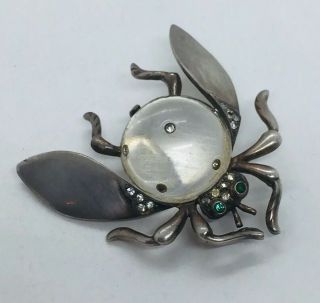 Trifari Antique Sterling Silver Rhinestone Bug Jelly Belly Clip Brooch Pin