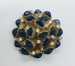 Marcel Boucher Vintage Yellow Gold Plated Blue Cabochon & Rhinestone Pin