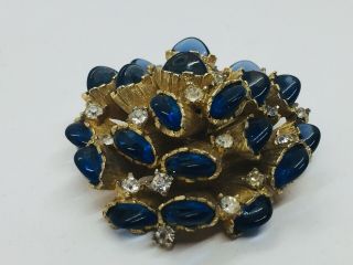 Marcel Boucher Vintage Yellow Gold Plated Blue Cabochon & Rhinestone Pin 2