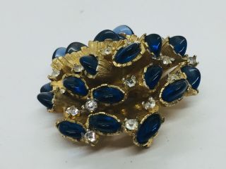 Marcel Boucher Vintage Yellow Gold Plated Blue Cabochon & Rhinestone Pin 3
