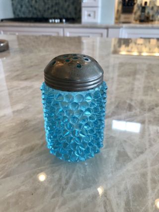 Antique Sugar Shaker - Blue Hobnail Pressed Glass Muffineer Ca1890