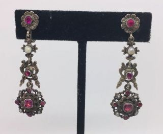 Antique Victorian Austro Hungarian Sterling Silver Ruby & Seed Pearl Earrings