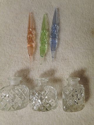 3 Vtg Japanese Perfume Bottles - Small Clear Glass Crystal Bases W/ Colored Dauber
