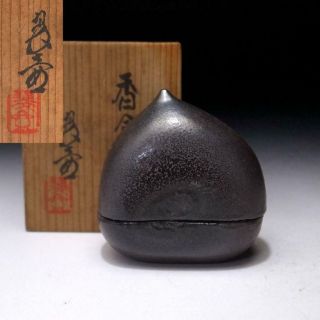 Ar6: Japanese Insence Case,  Kogo,  Tanba Ware With Signed Wooden Box,  Chestnut