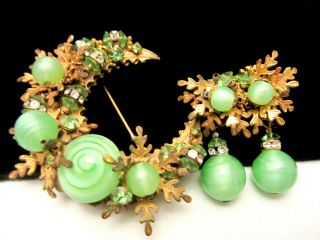 Rare Vintage Signed Miriam Haskell Goldtone Green Art Glass Brooch Earring Set