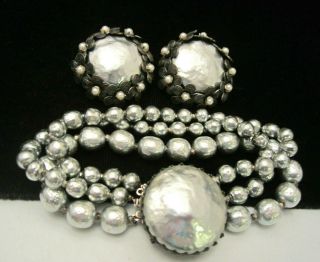 Vintage Signed Miriam Haskell Silvertone Faux Pearl 7 " X1 " Bracelet & Earring Set