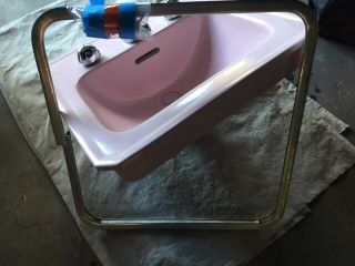 Vintage 1950 ' s Crane Pink Westland Sink And Faucet Antique MCM 6
