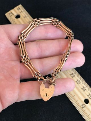 Antique Victorian 9k 9ct Rose Gold Heart Lock Bracelet Safety Chain England - 13g