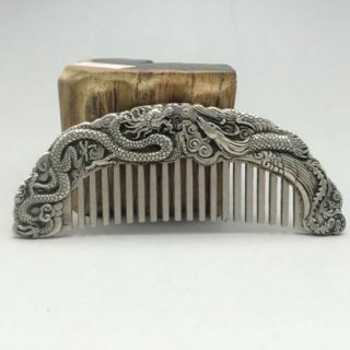 Chinese Ancient Copper Plating Silver Hand - Carved Longfeng Comb A01