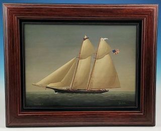 John Bower Antique Oil Painting Columbia Schooner Americas Cup Yacht