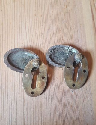 2 x Old brass escutcheons vintage key hole covers 3