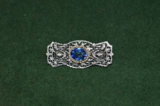 Vintage 10k White Gold And Blue Stone Filigree Pin With Seed Pearls