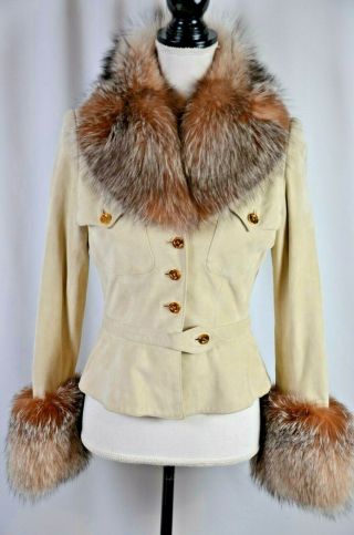 Jean Claude Jitrois Suede Leather Jacket Size 38 France Fur Trim Collar 4/6 Us