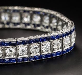 14k White Gold Antique Style Inspired Diamond & Blue Sapphire Line Bracelet