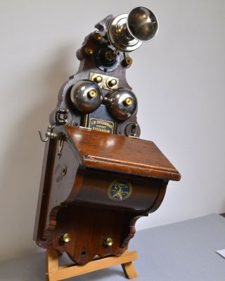 Rare Little Antique L.  M.  Ericsson Wooden Wall Telephone 1905