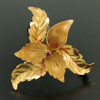 Vintage 18k Rosy Yellow Gold 6 Textured Leaf Brooch Pin W/ 6pt Blood Red Ruby