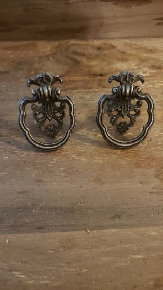 2 Antique Brass Victorian Ornate Drop Ring Knocker Drawer Pulls - Furniture Pulls