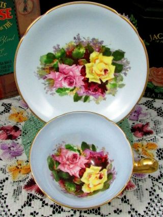 Stanley 3 Roses Pink Red Yellow Over Blue Ground Tea Cup And Saucer
