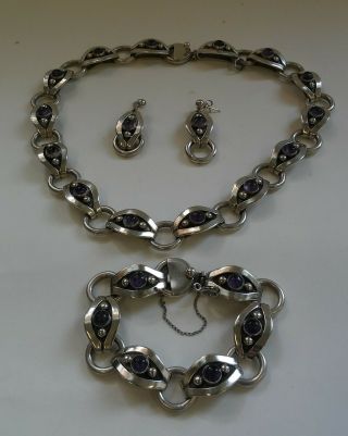 Sterling & Amethyst Signed Jb Taxco 925 Necklace,  Bracelet & Earrings