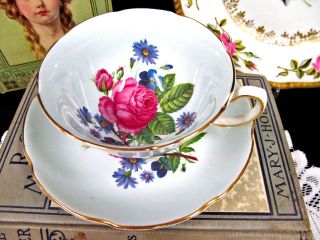 Royal Grafton Tea Cup And Saucer Blue & Floral Rose Teacup Wide Mouth