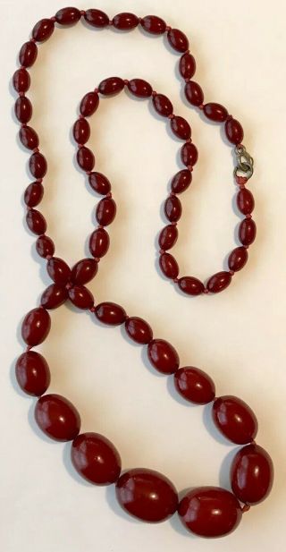 Vintage Cherry Amber Bakelite 34”graduated Oval Bead Necklace Sterling Clasp 63g