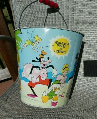 Vintage Disney Tin Toy Sand Pail Bucket 8 " Guc Snow White,  Mickey,  Dumbo,  Bambi