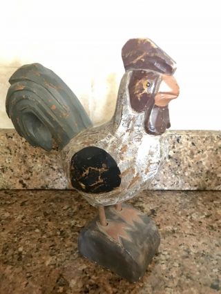 Vtg Rooster Hand Carved Painted Wood Folk Art Chippy Farmhouse Decor Glass Eyes