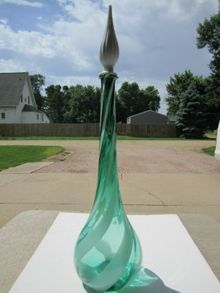Vtg 27 " Tall Italian Empoli Green W/ White Swirl Art Glass Genie Shaped Bottle