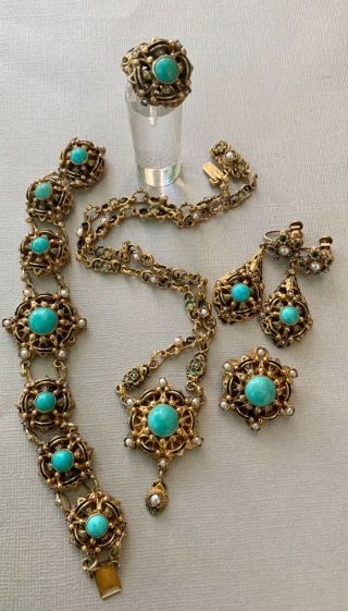 Art Deco Silver Turquoise Enamel Pearl Necklace Earrings Bracelet Ring Brooch 10