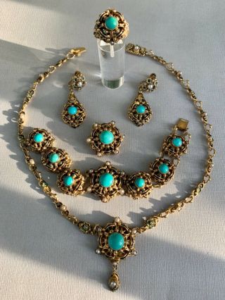 Art Deco Silver Turquoise Enamel Pearl Necklace Earrings Bracelet Ring Brooch 12