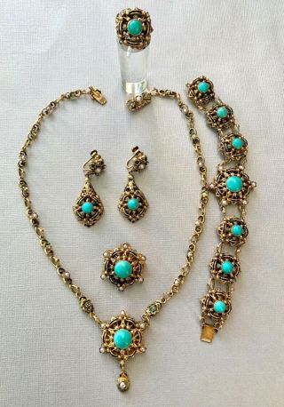 Art Deco Silver Turquoise Enamel Pearl Necklace Earrings Bracelet Ring Brooch