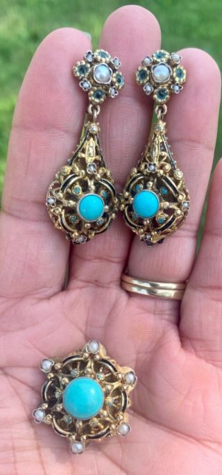 Art Deco Silver Turquoise Enamel Pearl Necklace Earrings Bracelet Ring Brooch 2