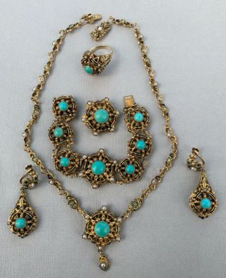 Art Deco Silver Turquoise Enamel Pearl Necklace Earrings Bracelet Ring Brooch 3