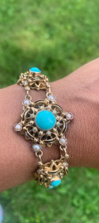 Art Deco Silver Turquoise Enamel Pearl Necklace Earrings Bracelet Ring Brooch 4