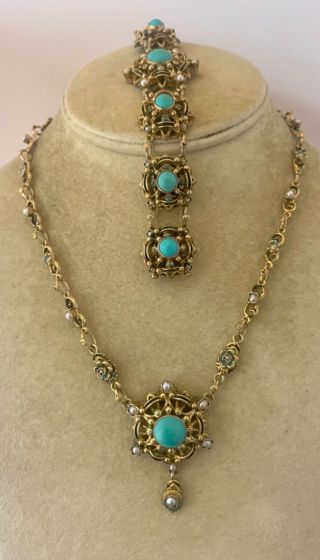 Art Deco Silver Turquoise Enamel Pearl Necklace Earrings Bracelet Ring Brooch 5