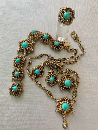 Art Deco Silver Turquoise Enamel Pearl Necklace Earrings Bracelet Ring Brooch 7