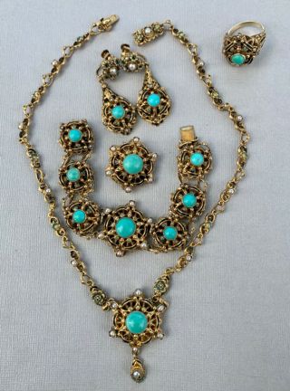 Art Deco Silver Turquoise Enamel Pearl Necklace Earrings Bracelet Ring Brooch 8