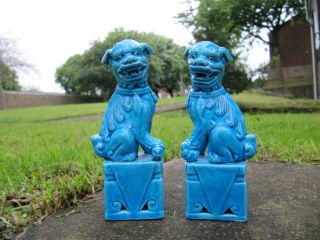 Pair Chinese Porcelain Turquoise Foo Dogs 10.  5 Cm