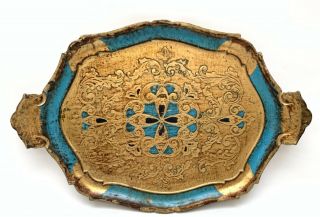 Vintage Italian Florentine Wood Tray Toleware Blue Gold