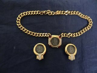 Fine Vintage Ciner Gold Tone With Rhinestones Ancient Coin Necklace Earrings Set