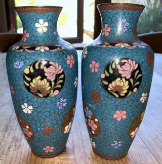 Medium Antique Chinese Cloisonne Matching Turquoise Blue Vases Flowers