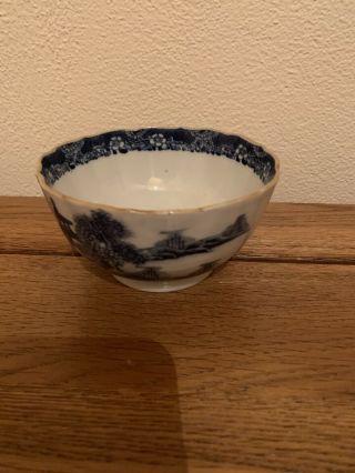 Antique 18th Century Blue And White Pagoda Pattern Tea Bowl