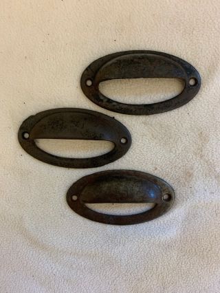 Set Of 3 Antique Vintage Iron Oval Drawer / Bin Pulls Handles Hardware