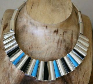 Vtg Mexico Sterling Massive Turquoise Onyx Modernist Necklace 180 Grams Taxco