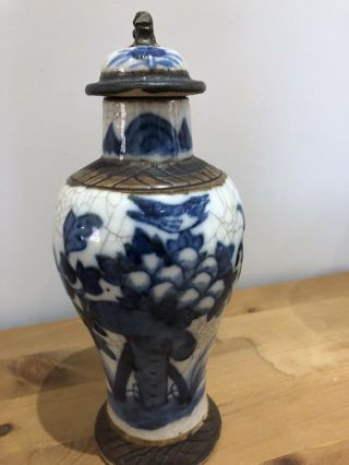 Antique Chinese Blue & White Crackle Glaze Vase With Cover A/f