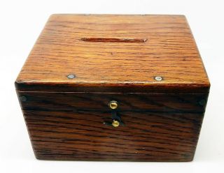 Antique English 3 3/4 " Solid Oak Handmade Money Box England