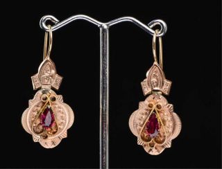 Antique Victorian Brightcut Gold & Faceted Garnets Earrings